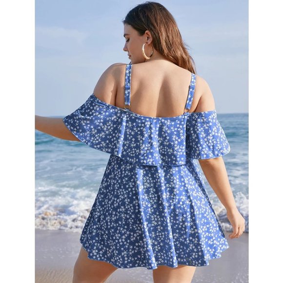 NWT BloomChic Ditsy Floral Cold Shoulder Sculpt Waist Ruffles Swim Dress 30/6X - Picture 4 of 5